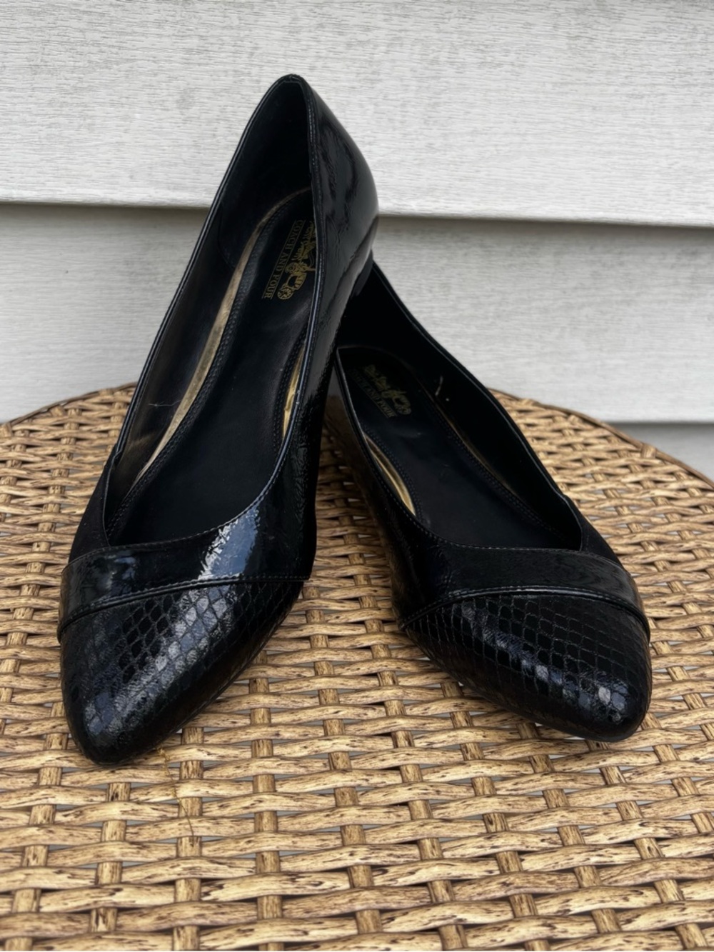 Coach and Four Black Pointed-Toe Patent & Snake-Embossed Flats- Size 9.5